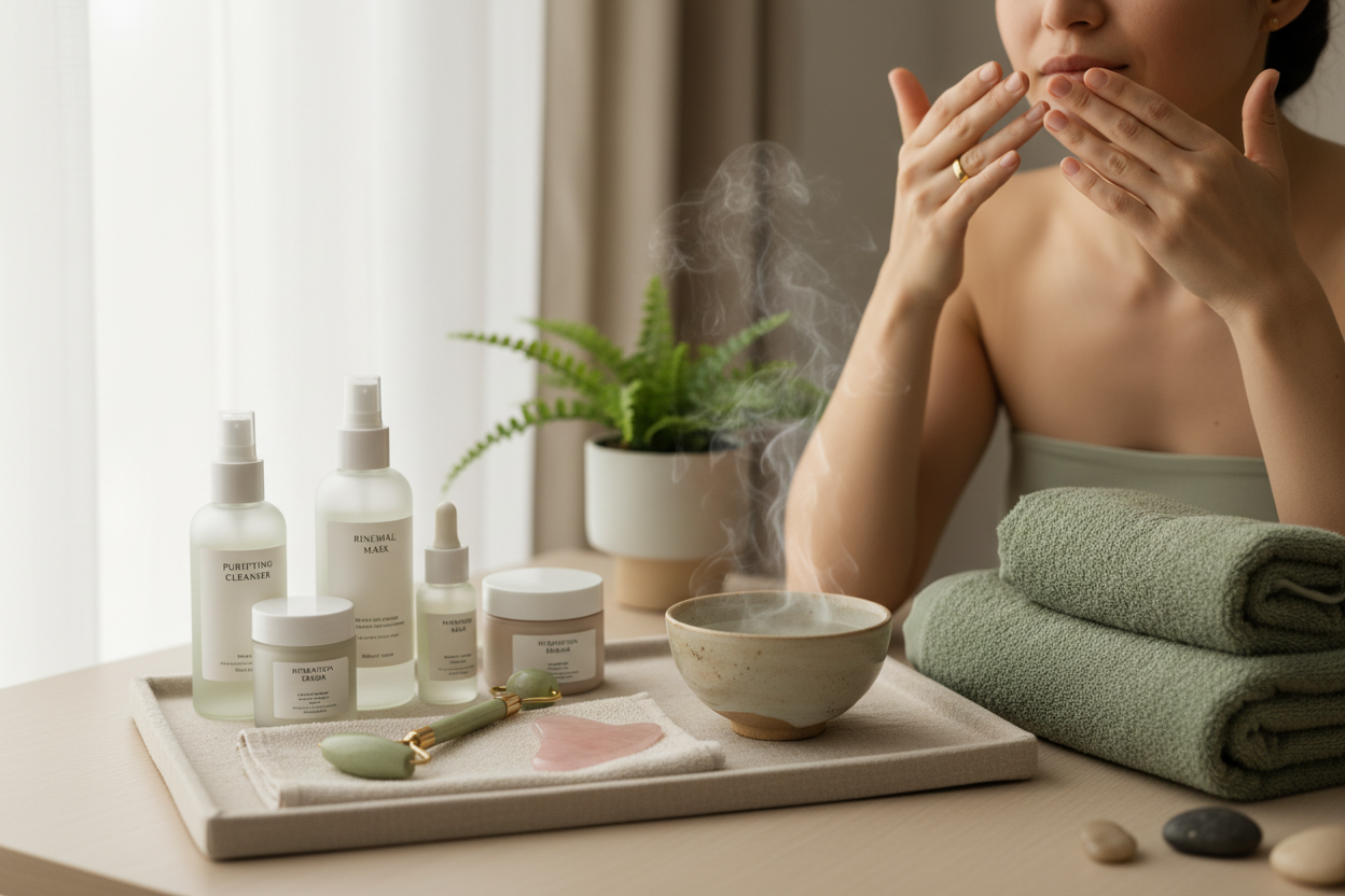 AT-HOME FACIAL INSTRUCTION
(1:1 or Workshop Format)

Learn how to perform a holistic at-home facial that supports your skin, your energy, and your emotional wellbeing.
I guide you through:

cleansing techniques

lymphatic/energetic drainage

mask layering

ritual pacing

intuitive touch

product selection

You’ll learn to create spa-level results in a grounded, mindful way.