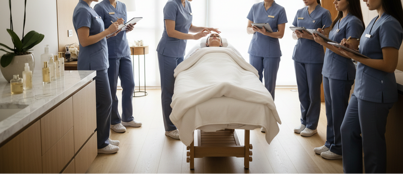 Group of healthcare professionals in a clinical setting with a patient on a table.
